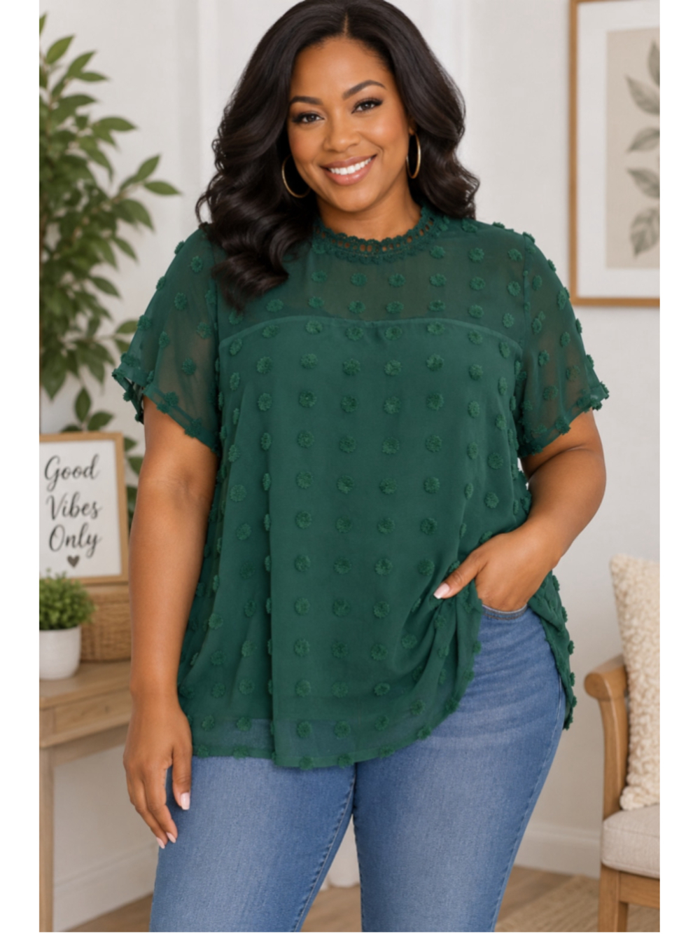 Women's Unbranded Green Swiss Dot Blouse Size M